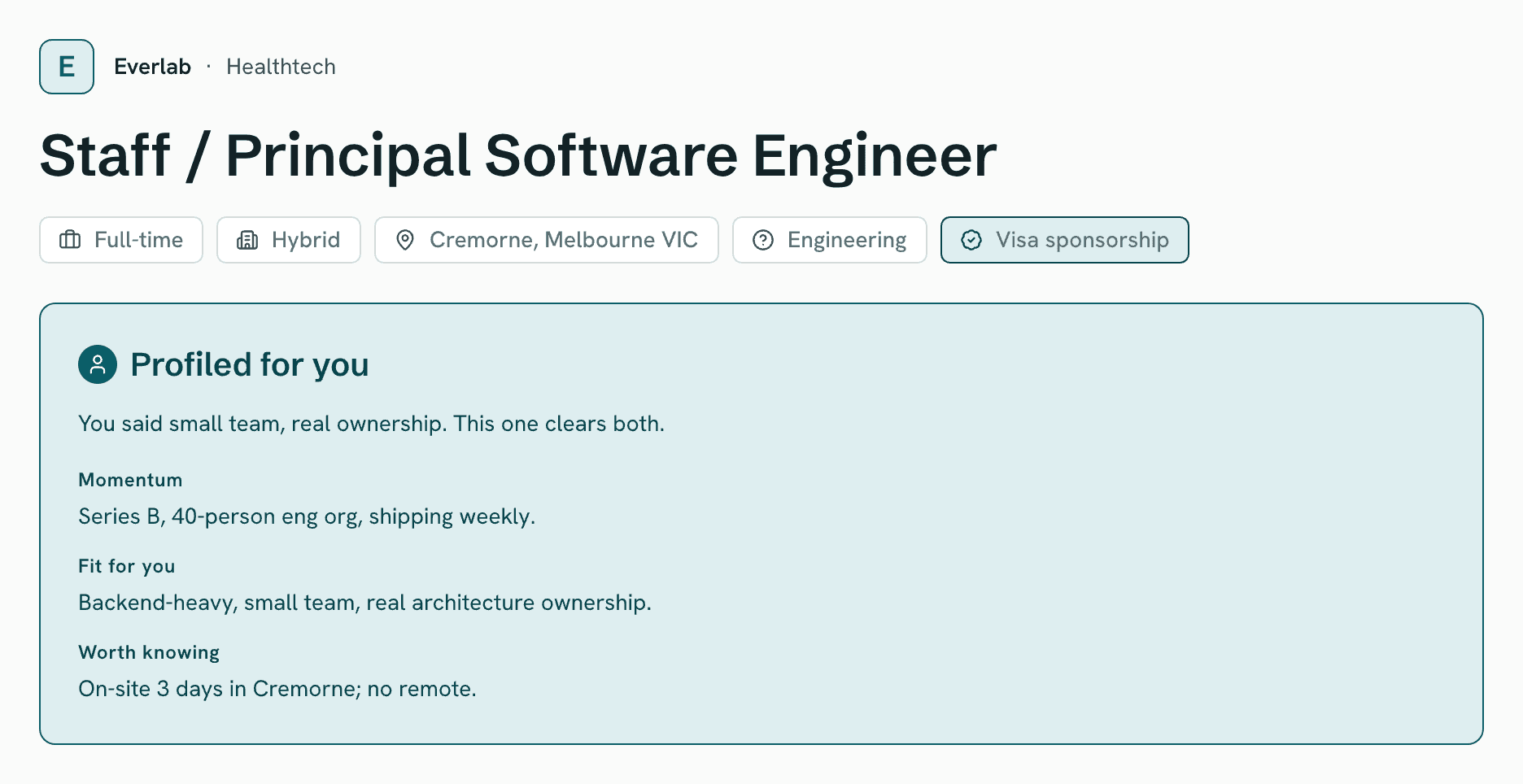 A profiled role on profyle: the job in plain English, rewritten from public sources