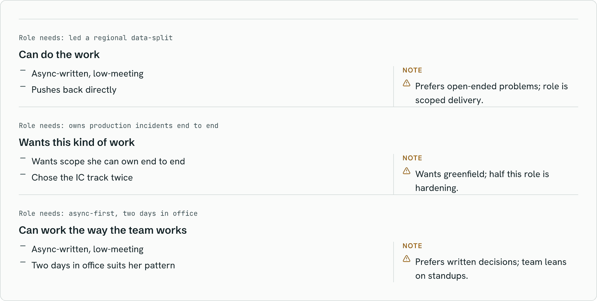 Three judgment rows from a briefing, with matches and notes