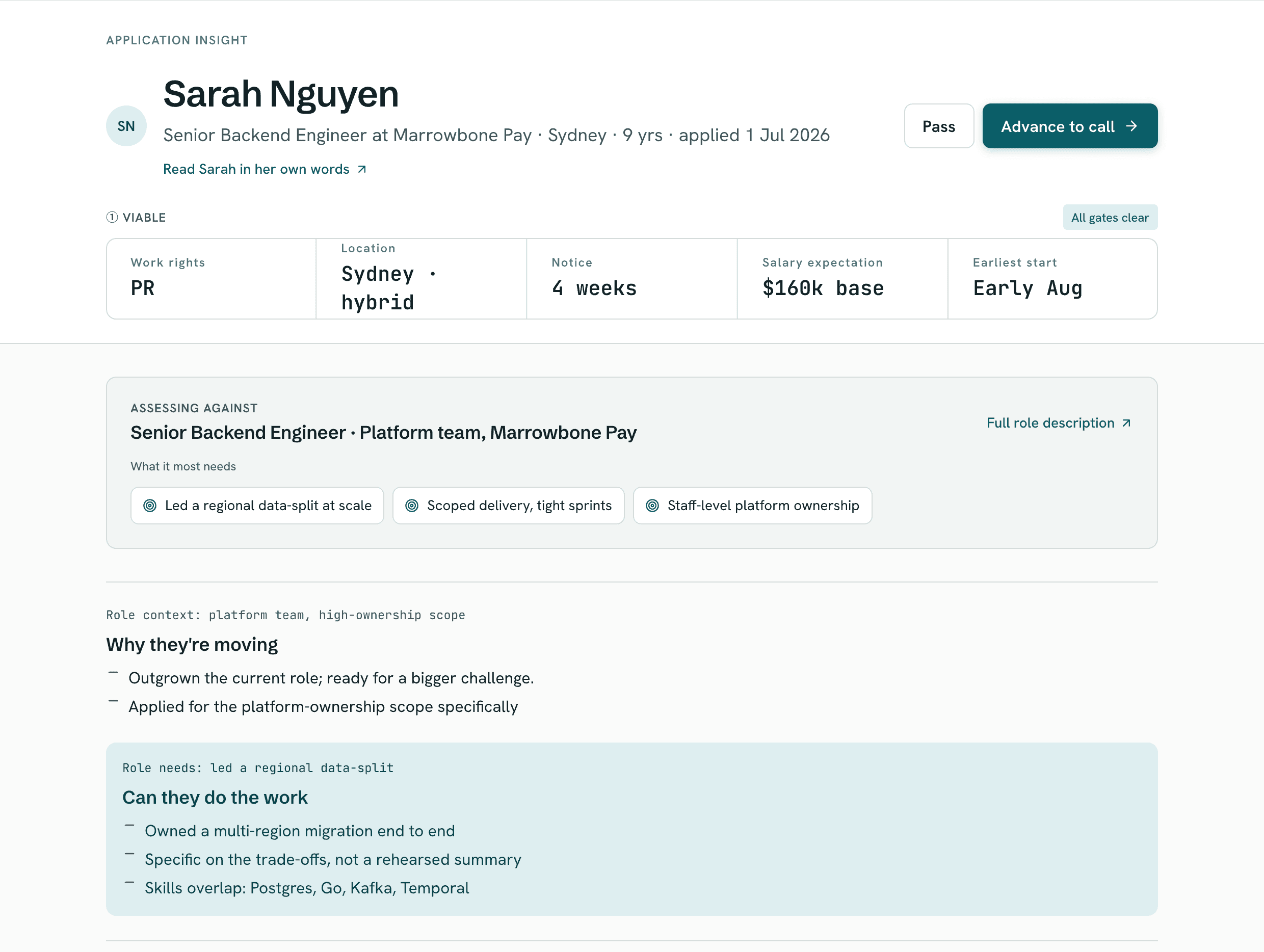A sample application briefing: viability gates and judgments, in the candidate's own words